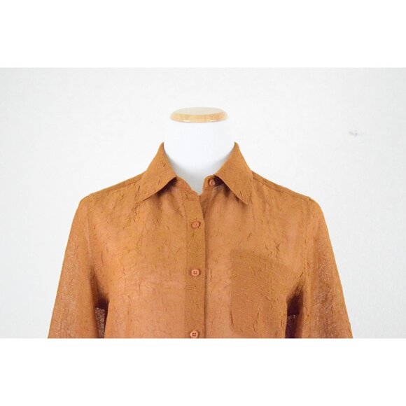 Vintage 90s Tawny Brown Crinkle Polyester  Sheer Blouse size S - Picture 6 of 8